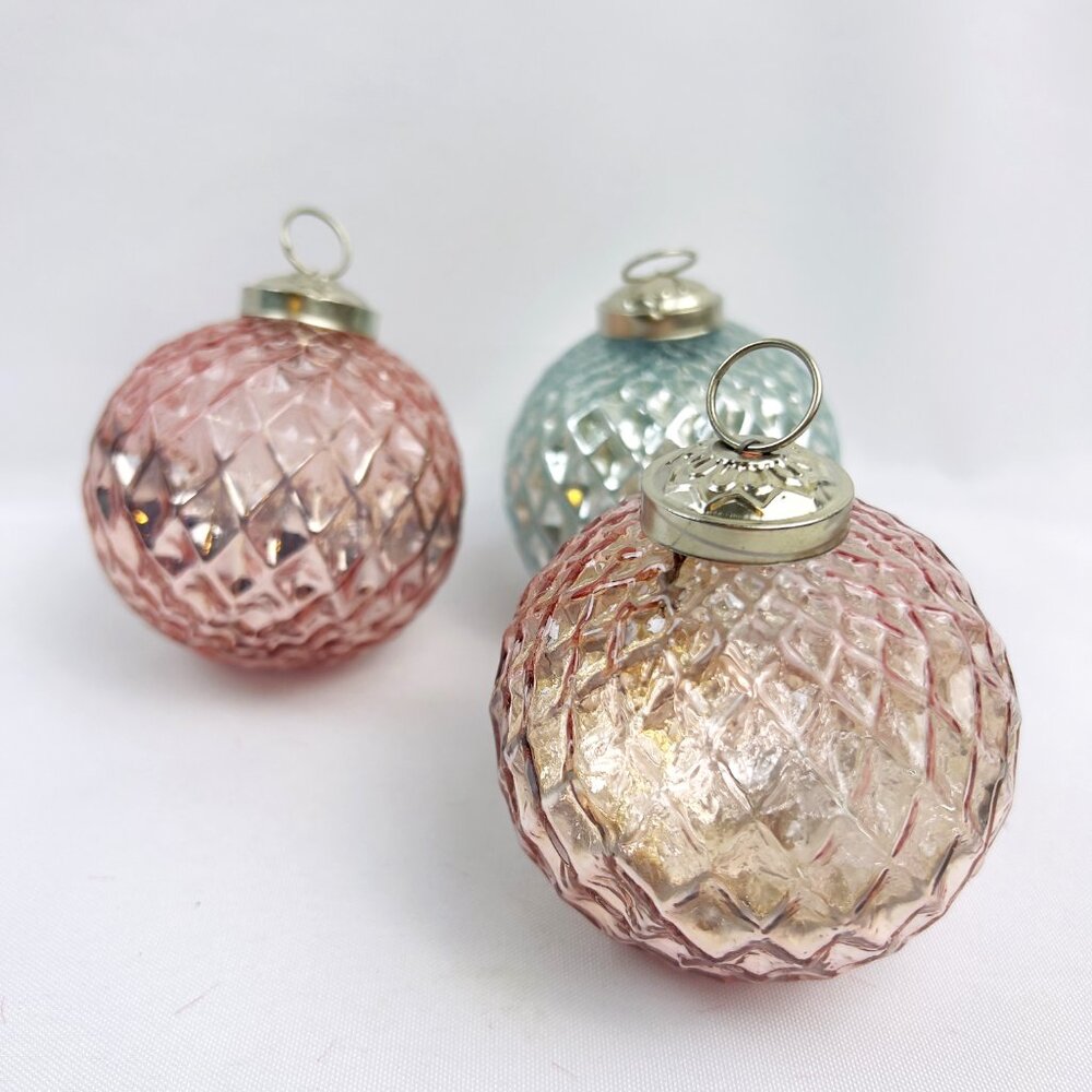 Rachel Zoe Kugel Style Christmas Glass Ornaments Two Rose Pink & One Blue